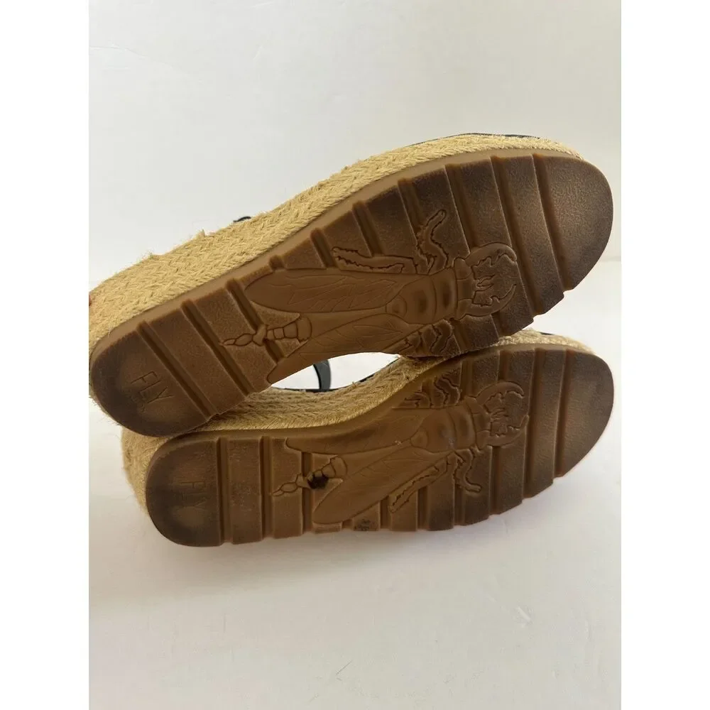 FLY London Sandal Wedge Espadrille Ekal White Black Womens 38 / 7.5
